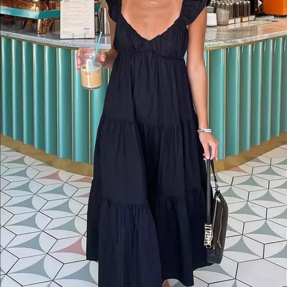 Dresses & Skirts - Ruffle Cotton Black Casual Beach Sun Dress